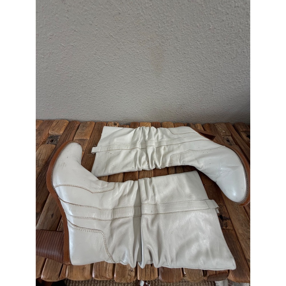 Colin Stuart Slouchy Western Boots 8.5 White Leather Pointed Toe Stacked Heel